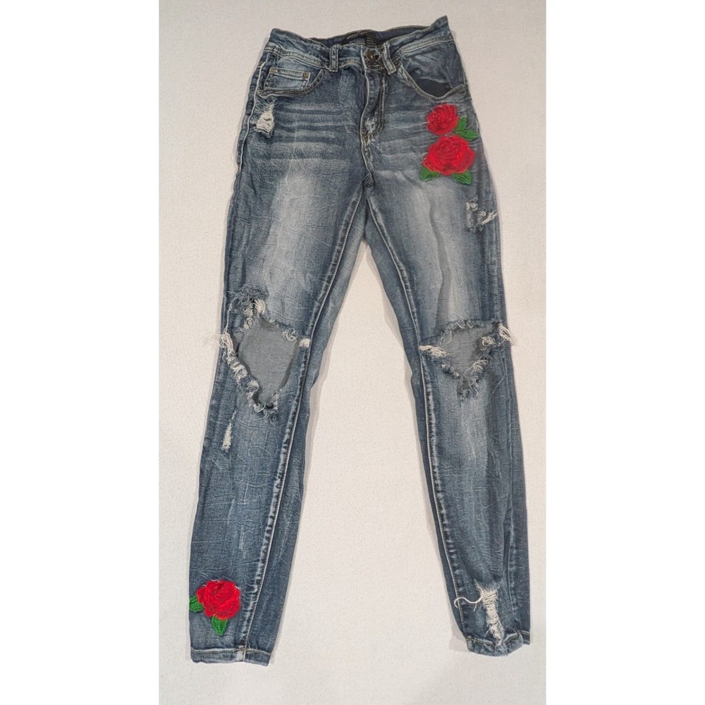 Redfox Jeans Skinny Jeans Womens 1 Blue Good Distressed Rose Embroidered Denim